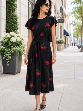 Just Fab Women's Floral Midi Dress Ruched Waist Detail Size XS